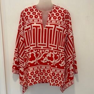 VIRGINIA WITBECK Red & White Geometric Floral Tunic Top Made in India Large